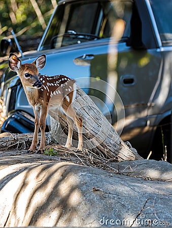 Sunny day Blacktail Fawn alerting Stock Photo