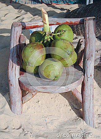 Sunny day bunch coconut on wood chair Stock Photo