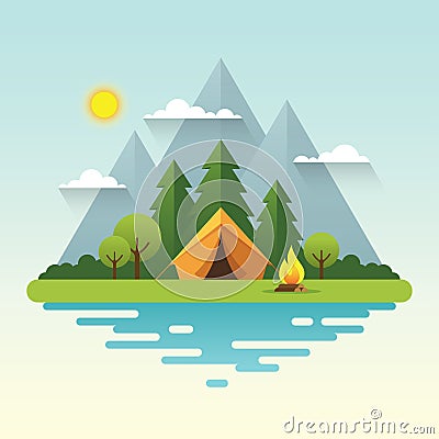 Sunny day camping illustration in flat style Vector Illustration