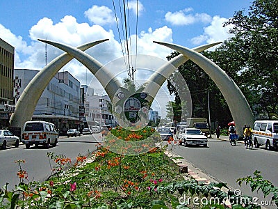 Sunny Day and The famous giant elephant tusks on Moi Avenue in Mombasa, Kenya Editorial Stock Photo