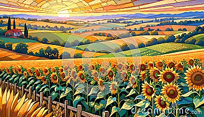 Sunny day fence farmer sunflower seed crop yellow sunset Cartoon Illustration