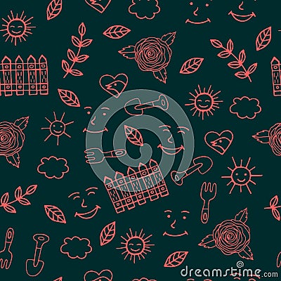 Sunny day for gardening seamless pattern with trovel and other e Vector Illustration