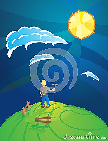 Sunny Day Hilltop Farmer Vector Illustration