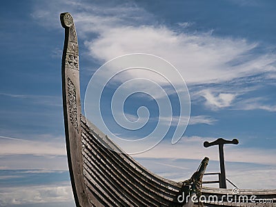 On a sunny day with light cloud, the prow of the Skidbladner near Haroldswick on the island of Unst in Shetland, Scotland Editorial Stock Photo