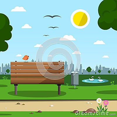 Sunny Day in Park with Town Silhouette Vector Illustration