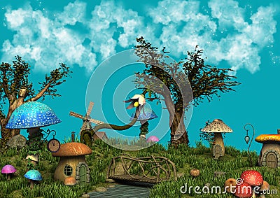 A fantasy meadow with a bridge, a little river, trees and mushrooms. Stock Photo