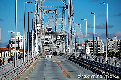 View of the Hercilio Luz Suspension Bridge. The longest suspension bridge in Brazil and the symbol of the city of Florianopolis Editorial Stock Photo