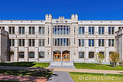 Sunny exterior view of the campus of University of Arkansas Stock Photo