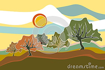 Sunny Field Trees landscape illustration Vector Illustration