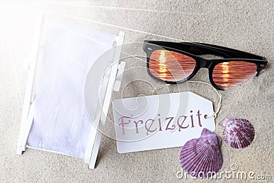 Sunny Flat Lay Summer Label Freizeit Means Leisure Time Stock Photo