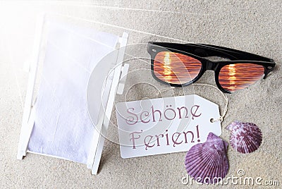 Sunny Flat Lay Summer Label Schoene Ferien Means Happy Holidays Stock Photo