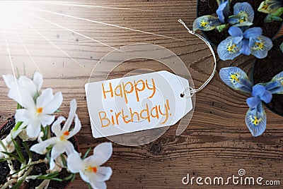 Sunny Flowers, Label, Text Happy Birthday Stock Photo