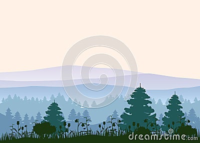 Sunny forest background. Vector illustration of woods in forest in sunlight background. Isolated Vector Illustration
