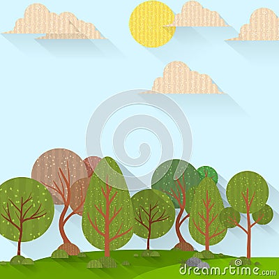 Sunny forest background. Vector illustration of woods in forest in sunlight background. Cartoon Illustration