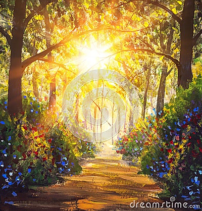 Sunny forest wood trees Original oil painting. Road in sun summer flowers park alley impressionism fine art Stock Photo