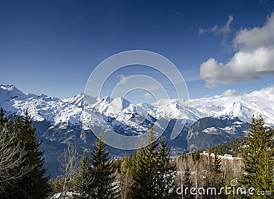 Sunny french alps mountain snow view in les arcs france Stock Photo