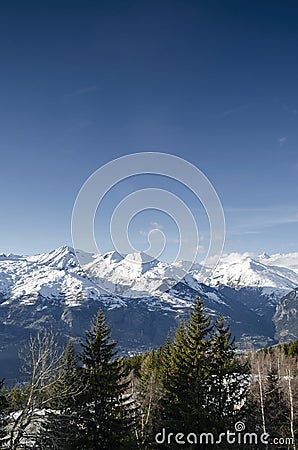 Sunny french alps mountain snow view in les arcs france Stock Photo