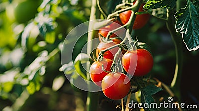 Sunny Garden Delights: Vibrant Tomatoes Thrive on Plant Branch - Stock Photo