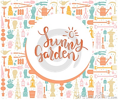 Sunny garden tools set Vector Illustration