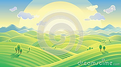 Sunny hilly landscape. Vector Illustration