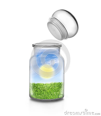 Sunny landscape into a bottle and topper Stock Photo