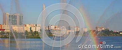 Sunny landscape with Fountain on Lake Nizhny Kaban in Kazan Editorial Stock Photo