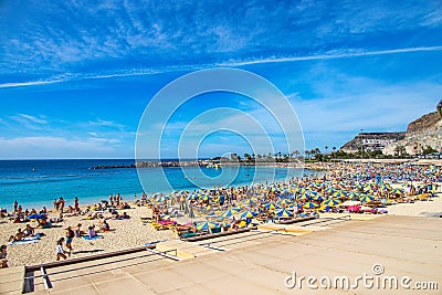 Sunny landscape with the picturesque colorful Amadores beach on the Spanish Canary Island of Gran Canaria Editorial Stock Photo