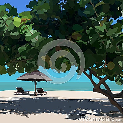 Sunny landscape with tropical tree with beach umbrella and sun loungers Vector Illustration