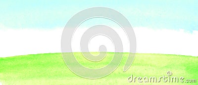 Sunny meadow, the land with green grass and blue sky, abstract summer watercolor background. Stain blot spot blob. Template for Cartoon Illustration