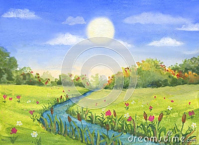 Sunny meadow landscape grass, flowers, little river, trees, watercolor hand drawn illustration Cartoon Illustration