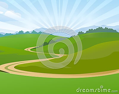 Sunny Meadow with lonely path Vector Illustration