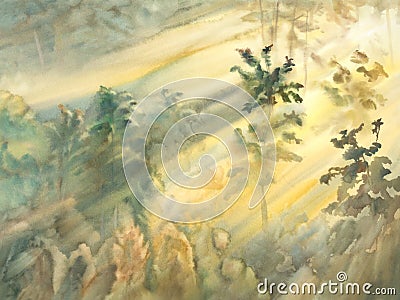 Sunny morning forest landscape watercolor Stock Photo