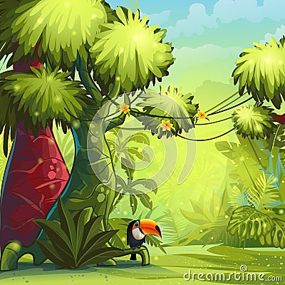 Sunny morning in the jungle with bird toucan Vector Illustration