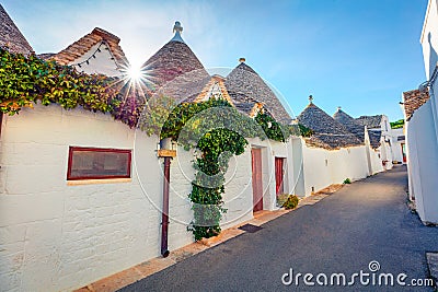 Sunny morning view of strret with trullo trulli - traditional Apulian dry stone hut with a conical roof. Picturesque spring cit Stock Photo