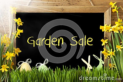 Sunny Narcissus, Easter Egg, Bunny, Text Garden Sale Stock Photo