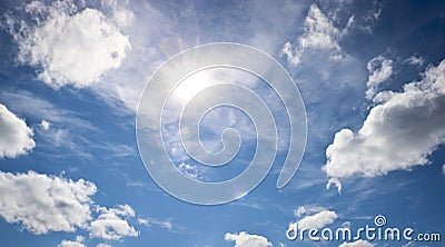 Sunny natural background, blue sky with cirrus and cumulus clouds. The concept of travel, dreams, summer mood Stock Photo