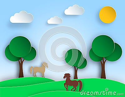 Sunny nature landscape with trees, meadow, horse in paper art style. Greeting card design. Vector Illustration