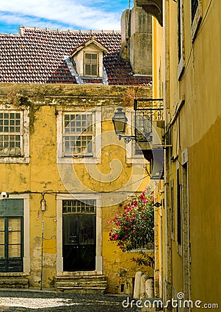 Sunny Portugal. The main streets of Lisbon. Authentic buildings of old Lisbon Stock Photo