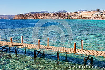 Sunny resort beach with palm tree at the coast of Red Sea in Sharm el Sheikh, Sinai, Egypt, Asia in summer hot. Ð¡oral reef and Stock Photo