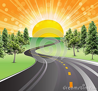 Sunny landscape road success green trees Vector Illustration