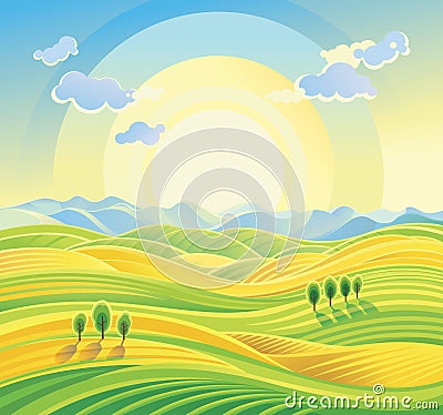 Sunny rural landscape with rolling hills and fields. Vector Illustration