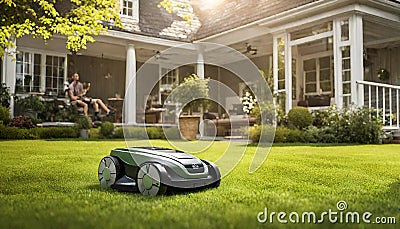 Sunny scene featuring a robotic lawn mower in . Stock Photo