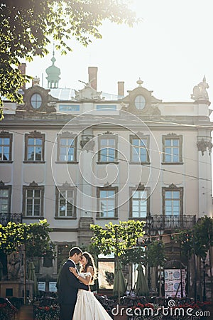 Sunny sensitive portrait of the adorable smiling newlyweds softly hugging at the background of the old house covered Stock Photo