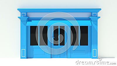Sunny Shopfront with large windows White and blue store facade with awnings Stock Photo