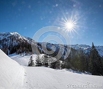 Sunny ski run, tourist winter sport resort resort Zwolferkopf pertisau, austria Stock Photo