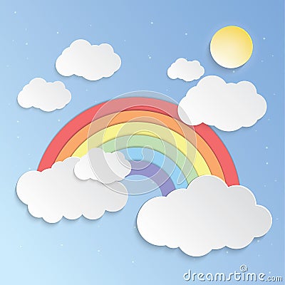 Sunny sky and rainbows paper art vector Vector Illustration