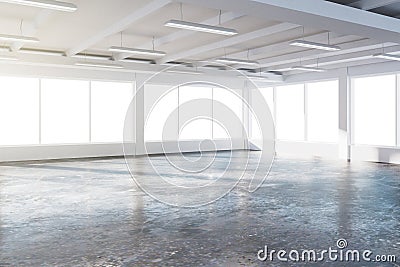 Sunny spacious hangar area with concrete floor Stock Photo