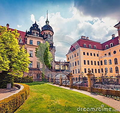 Sunny spring cityscape of Dresden town with residence kings of Saxony Dresden Castle Stock Photo
