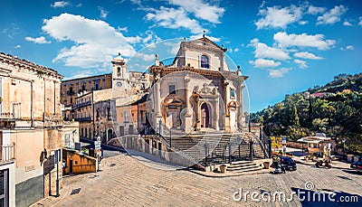Sunny spring cityscape of Ragusa town with Church Holy Souls in Purgatory. Captivating morning scene of Sicily, Italy, Europe. Stock Photo