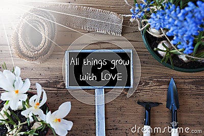 Sunny Spring Flowers, Sign, Quote All Things Grow With Love Stock Photo